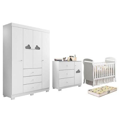 Dormitório Infantil Ane Guarda Roupa, Cômoda, Berço Danny Branco Com Colchão Supreme - Phoenix Baby Branco