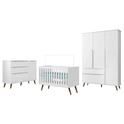 Dormitório Melinda Guarda Roupa, Cômoda Com Porta E Berço Retrô Branco Acetinado - Phoenix Baby Branco Acetinado
