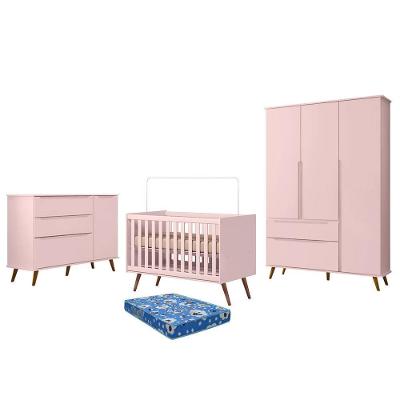 Dormitório Melinda Guarda Roupa, Cômoda E Berço Retrô Rosê Acetinado Com Colchão Physical - Phoenix Baby Rosê Acetinado