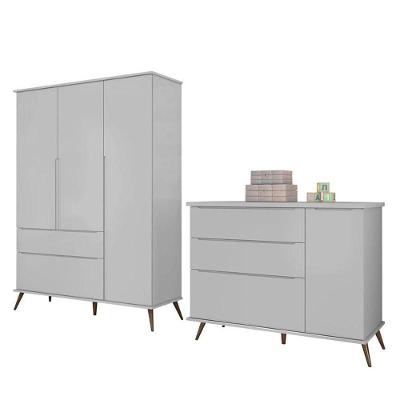 Jogo De Quarto Infantil Retrô Melinda Guarda Roupa E Cômoda Com Porta Cinza - Phoenix Baby Cinza