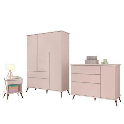 Jogo De Quarto Infantil Retrô Alice Guarda Roupa, Cômoda Com Porta E Mesinha Rosê - Pr Baby Rosê