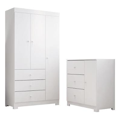 Jogo De Quarto Infantil Duda Com Guarda Roupa 3 Portas E Cômoda Branco - Phoenix Baby Branco