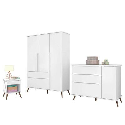 Jogo De Quarto Infantil Retrô Alice Guarda Roupa, Cômoda Com Porta E Mesinha Branco - Pr Baby Branco