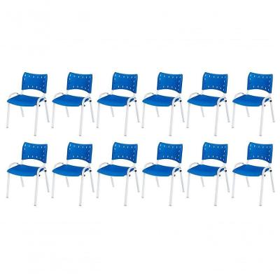 Cadeira Iso Base Branco Escola, Escritório Azul Kit 12 Un
