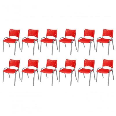 Cadeira Iso Base Cinza Escola, Escritório Vermelho Kit 12 Un