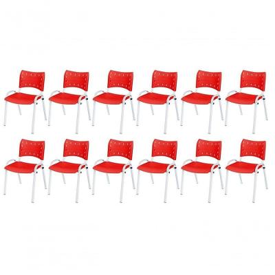 Cadeira Iso Base Branco Escola, Escritório Vermelho Kit 12 Un
