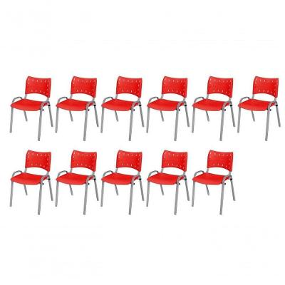 Cadeira Iso Base Cinza Escola, Escritório Vermelho Kit 11 Un