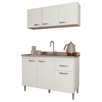 Kit Pop 120cm Com Armário Aéreo E Balcão Branco Sem Tampo - Indékes Branco