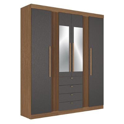 Guarda Roupa Aurora 4.4 Ripado 4 Portas E 4 Gavetas Jatobá-grafite Com Espelho - Santos Andirá Jatobá-grafite