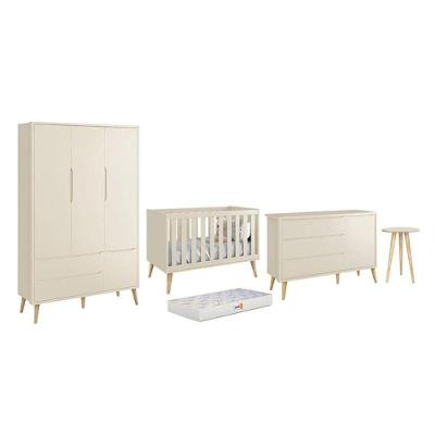 Dormitório Theo 3 Portas, Mesa De Canto Areia Fosco Com Pés Madeira Natural E Colchão D18 - Reller Móveis Areia Fosco