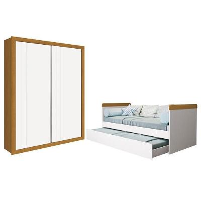 Jogo De Quarto Guarda Roupa Prince E Bicama Nuth Branco-savana Com 2 Colchões Physical - Reller Móveis Branco-savana
