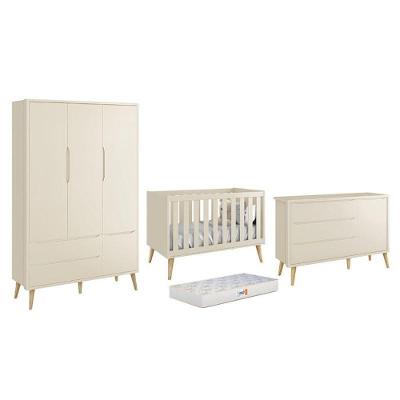 Dormitório Theo 3 Portas Areia Fosco Com Pés Madeira Natural E Colchão D18 Branco - Reller Móveis Areia Fosco
