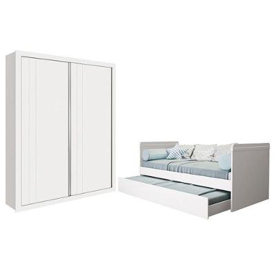 Jogo De Quarto Guarda Roupa Prince E Bicama Nuth Branco Fosco Com 2 Colchões Physical - Reller Móveis Branco Fosco