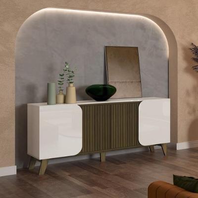 Aparador Buffet 160cm 4 Portas Com Pés Retrô Multimóveis Cr50126 Off White-pinho Ripado