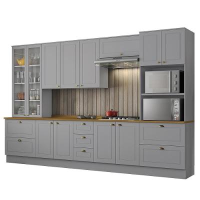 Cozinha Completa 6 Peças Americana Cinza Com Cristaleira Tampo Nature - Móveis Henn Cinza