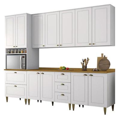 Cozinha Completa 5 Peças Americana Branco Com Torre Quente, Tampo Nature E Pés - Móveis Henn Branco