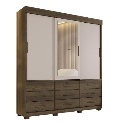Guarda Roupa 3 Portas De Correr Com Espelho 9 Gavetas Londres Benetil Imbuia Off White
