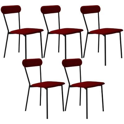 Kit 05 Cadeiras Estofada Para Sala De Jantar Liora Preto C01 Veludo Vermelho Vinho - Lyam Decor