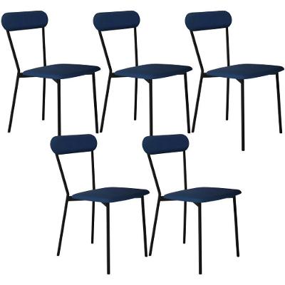 Kit 05 Cadeiras Estofada Para Sala De Jantar Liora Preto C01 Linho Azul - Lyam Decor