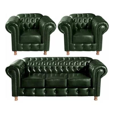 Conjunto Sofá 3 Lugares E 2 Poltrona Chesterfield Luís Xv Vintage Retrô Capitonê Couro Verde