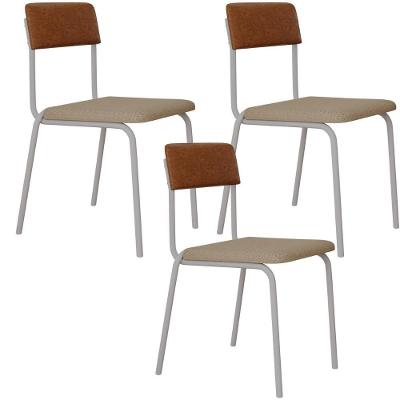 Kit 03 Cadeiras Estofada Para Sala De Jantar Sense Branco C01 Linho Areia Courino Caramelo - Lyam Decor