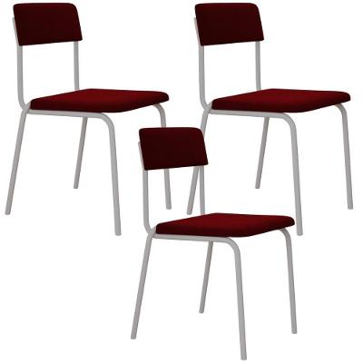 Kit 03 Cadeiras Estofada Para Sala De Jantar Sense Branco C01 Veludo Vermelho Vinho - Lyam Decor