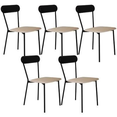 Kit 05 Cadeiras Estofada Para Sala De Jantar Liora Preto C01 Linho Areia Courino Preto - Lyam Decor