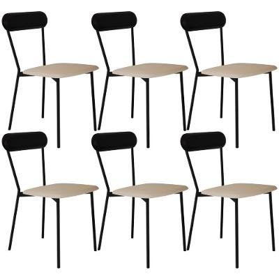 Kit 06 Cadeiras Estofada Para Sala De Jantar Liora Preto C01 Linho Areia Courino Preto - Lyam Decor