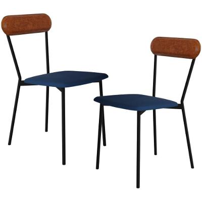 Kit 02 Cadeiras Estofada Para Sala De Jantar Liora Preto C01 Linho Azul Courino Caramelo - Lyam Decor