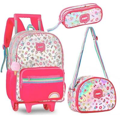 Kit Mochila De Rodinhas + Lancheira Térmica + Estojo Duplo Happy Clio Rosa