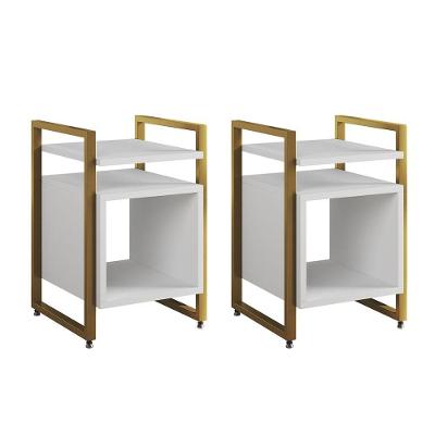 Kit 2 Mesas De Cabeceira Industrial Marrocos Ferro Dourado E Tampo Branco