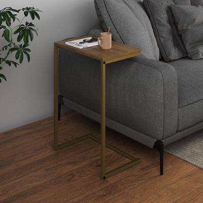 Mesa Lateral De Apoio Industrial Sofá Charmme Ferro Dourado E Tampo Freijó