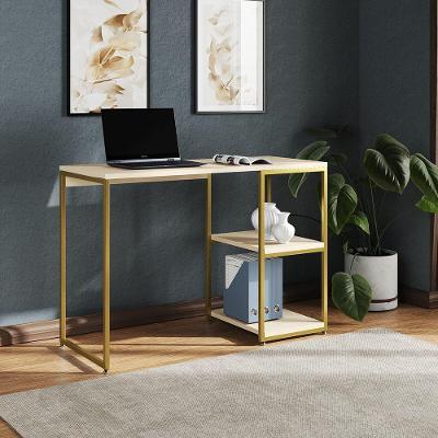 Mesa Escritório Berlim Industrial Com Prateleira Ferro Dourado Tampo 110x46 Off White