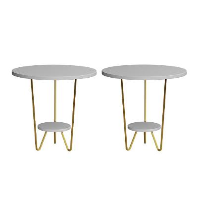 Kit 2 Mesas Laterais Redonda Industrial Italy Ferro Dourado E Tampo Branco