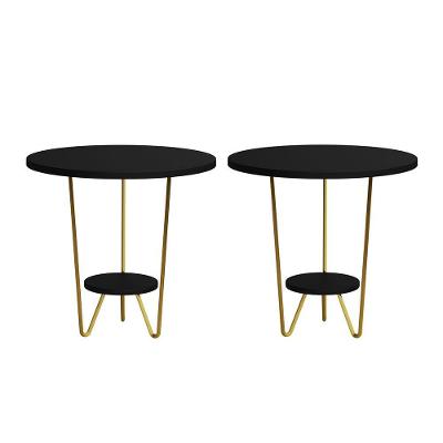 Kit 2 Mesas Laterais Redonda Industrial Italy Ferro Dourado E Tampo Preto