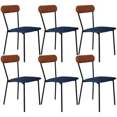 Kit 06 Cadeiras Estofada Para Sala De Jantar Liora Preto C01 Linho Azul Courino Caramelo - Lyam Decor