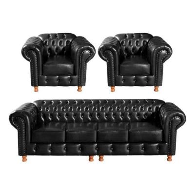 Conjunto Sofá 4 Lugares E 2 Poltrona Chesterfield Luís Xv Vintage Retrô Capitonê Couro Preto