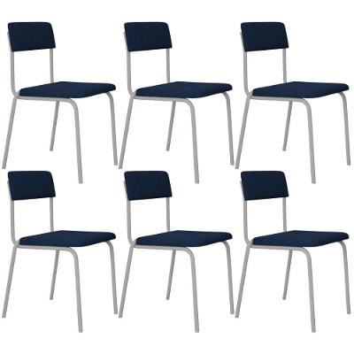 Kit 06 Cadeiras Estofada Para Sala De Jantar Sense Branco C01 Linho Azul Escuro - Lyam Decor