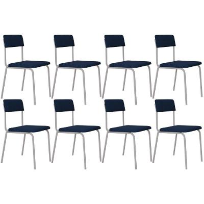 Kit 08 Cadeiras Estofada Para Sala De Jantar Sense Branco C01 Linho Azul Escuro - Lyam Decor