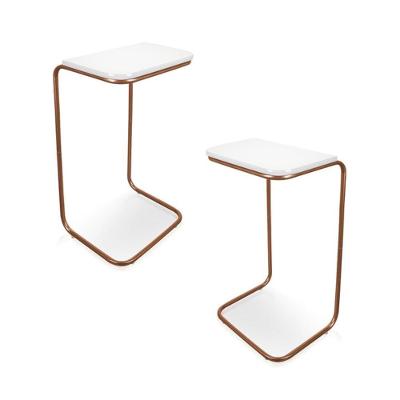 Conjunto 2 Mesas De Apoio Para Sofá Branco Base Em Metal Cobre