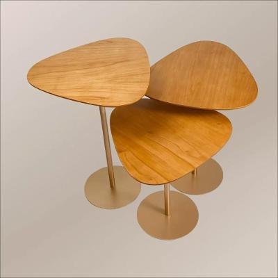 Conjunto 3 Mesas Lateral Orgânica Up Tampo Cinamono E Metal Dourado
