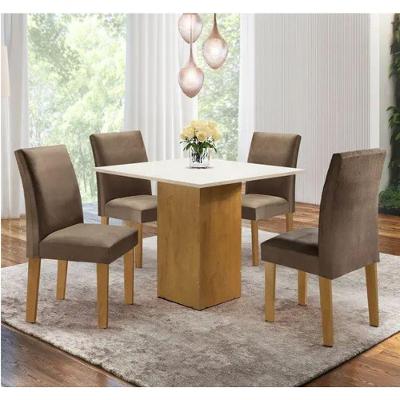 Conjunto De Mesa De Jantar Dakota 90x90cm Tampo De Vidro Com 4 Cadeiras Napoles Cel Móveis - Cinamomo/off