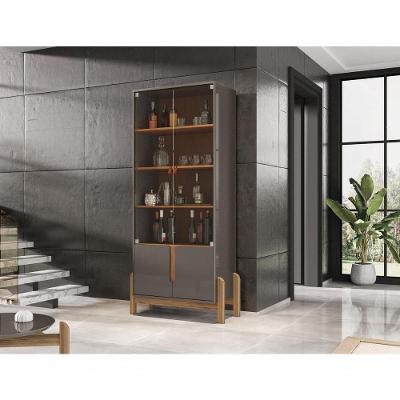 Cristaleira 2 Portas C/ Prateleiras Para Vinhos E Taças Luna Cinza Perola/cedro
