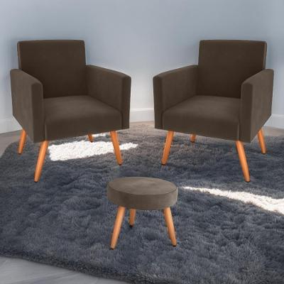 Conjunto Poltronas E Puff Anari Veludo Marrom