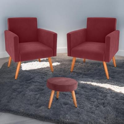 Conjunto Poltronas E Puff Anari Veludo Vinho
