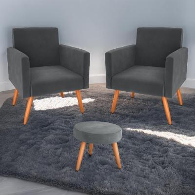 Conjunto Poltronas E Puff Anari Veludo Cinza