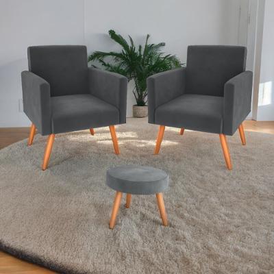 Conjunto Poltronas E Puff Iara Veludo Cinza