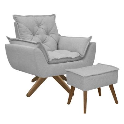 Kit Poltrona E Puff Opala Com Base Em Madeira Tecido Boucle Cinza Escuro