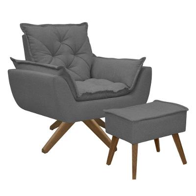 Kit Poltrona E Puff Opala Com Base Em Madeira Tecido Boucle Chumbo