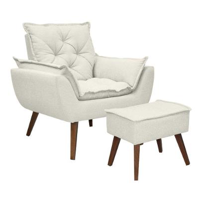 Kit Poltrona E Puff Opala Conforto Pé Trapézio Tecido Boucle Off White